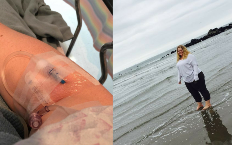 woman with IV in her arm and woman on the beach