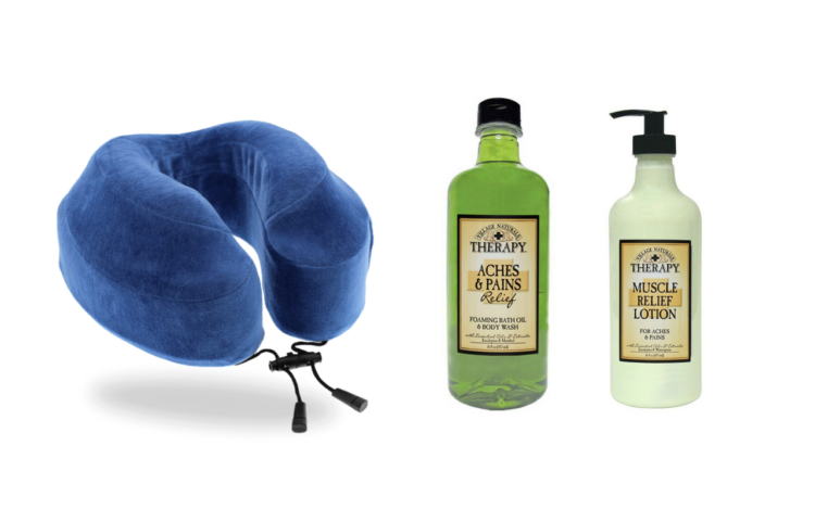 blue neck pillow and village naturals lotion and body wash
