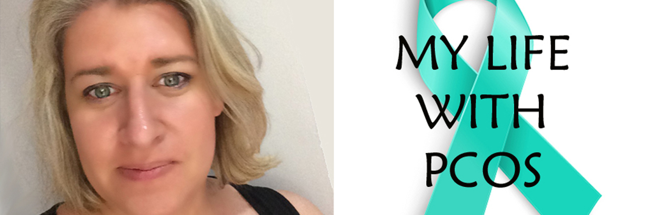 Two images side by side, one of the writer, one of a teal ribbon that reads, "My life with PCOS."