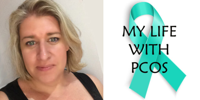 Two images side by side, one of the writer, one of a teal ribbon that reads, "My life with PCOS."