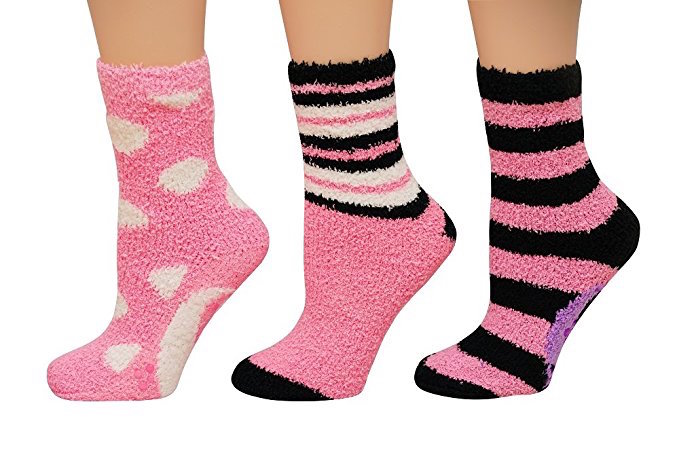 pink, black and white fuzzy socks