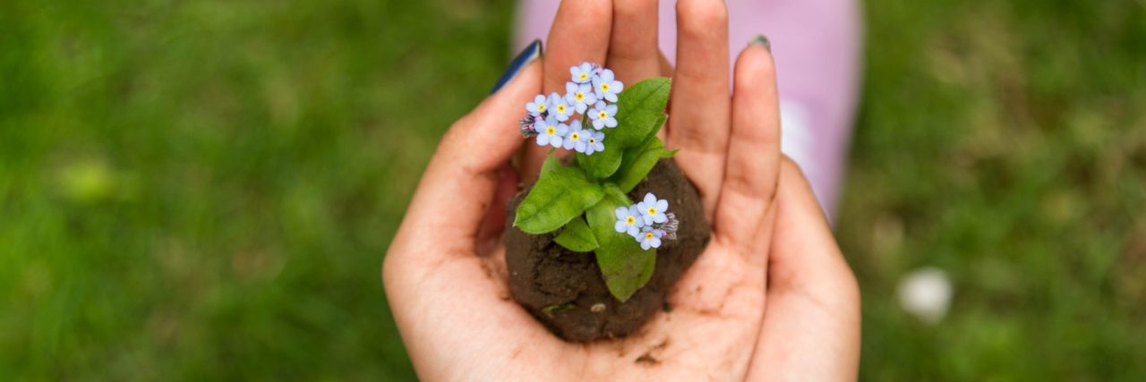 The Most Difficult Symptom of My Dissociative Identity Disorder close up of woman's hands holding forget me not flowers on soil