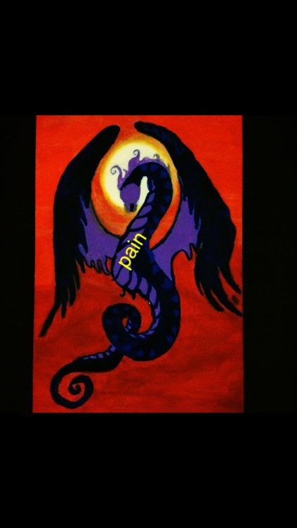 painting of a dragon labelled "pain"