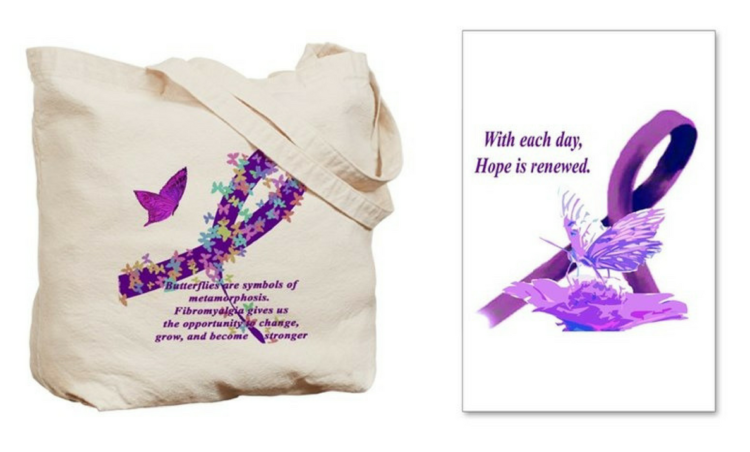 MissA the fibromite fibromyalgia awareness tote bag and postcards