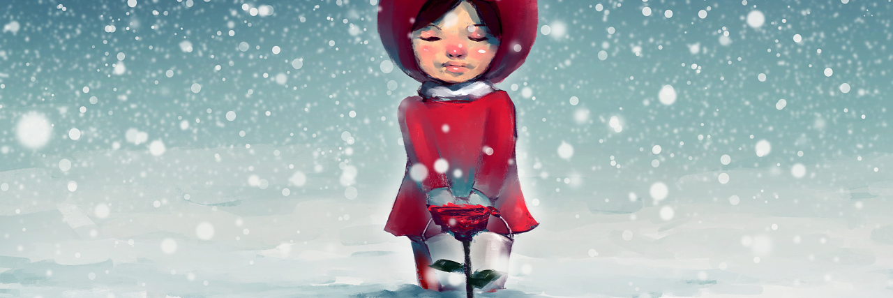 digital painting of girl kneeling on snow-covered park and looking at red roses, story telling illustration