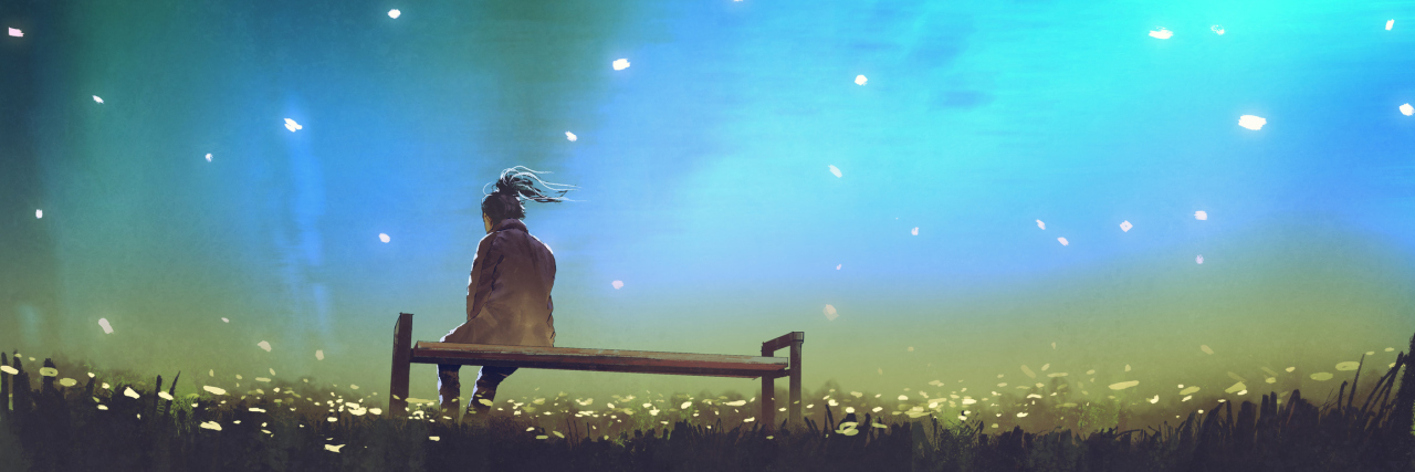 Mental Illness Makes Me Feel Permanently Isolated young woman sitting on a bench against beautiful sky, digital art style, illustration painting