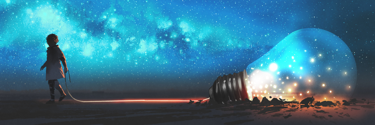 What Mania Feels Like: A Poem boy pulled the big bulb half buried in the ground against night sky with stars and space dust, digital art style, illustraation painting