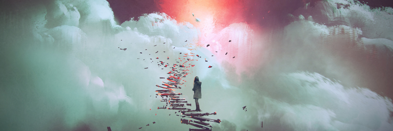 Why I Believed I 'Deserved' to Be Abused in My Romantic Relationships young woman standing on broken stairs leading up to sky, digital art style, illustration painting