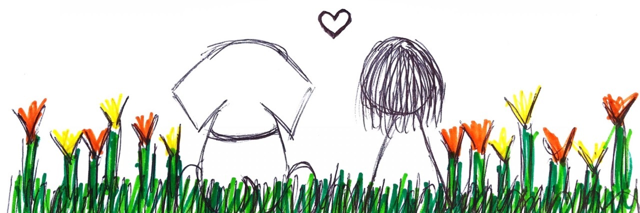How My Dog Helps Combat My Bipolar Disorder simple illustration of dog and woman sitting beside flowers
