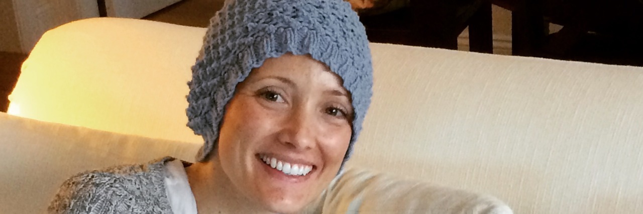 Drugs, Hugs, and Losing My Jugs: A Breast Cancer Journal - May 21, 2015 Jessica Sliwerski wearing beanie with Penelope
