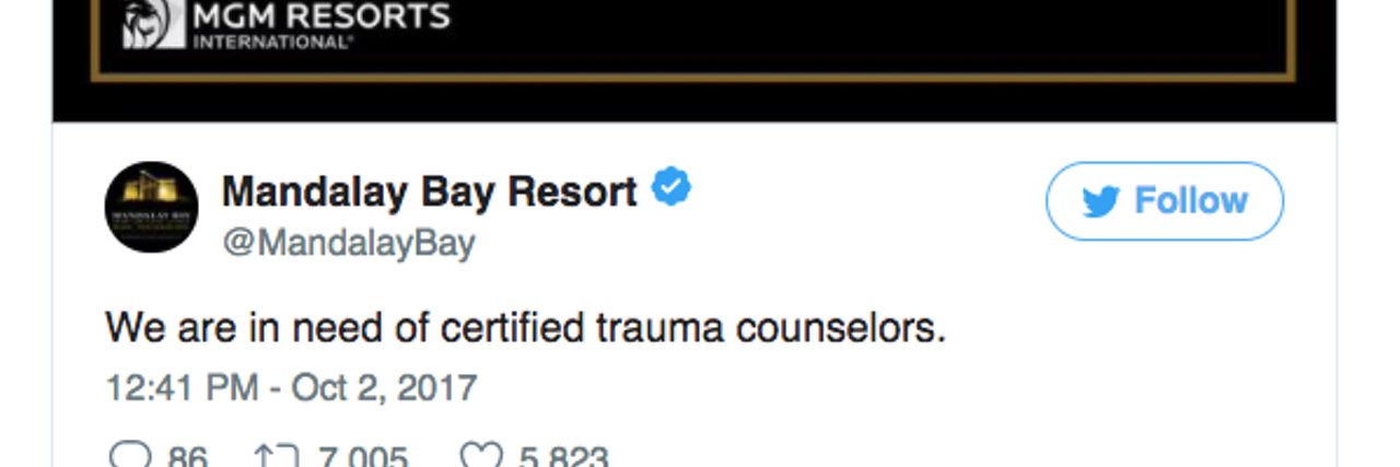Mandalay Bay Resort in Las Vegas Puts Out Call for Trauma Counselors Tweet from Mandalay Bay Resort saying they need crisis counselors