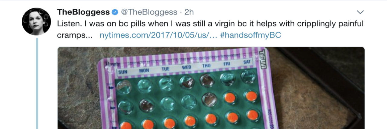 A tweet about needing birth control pills with a photo of a pack of birth control pills.