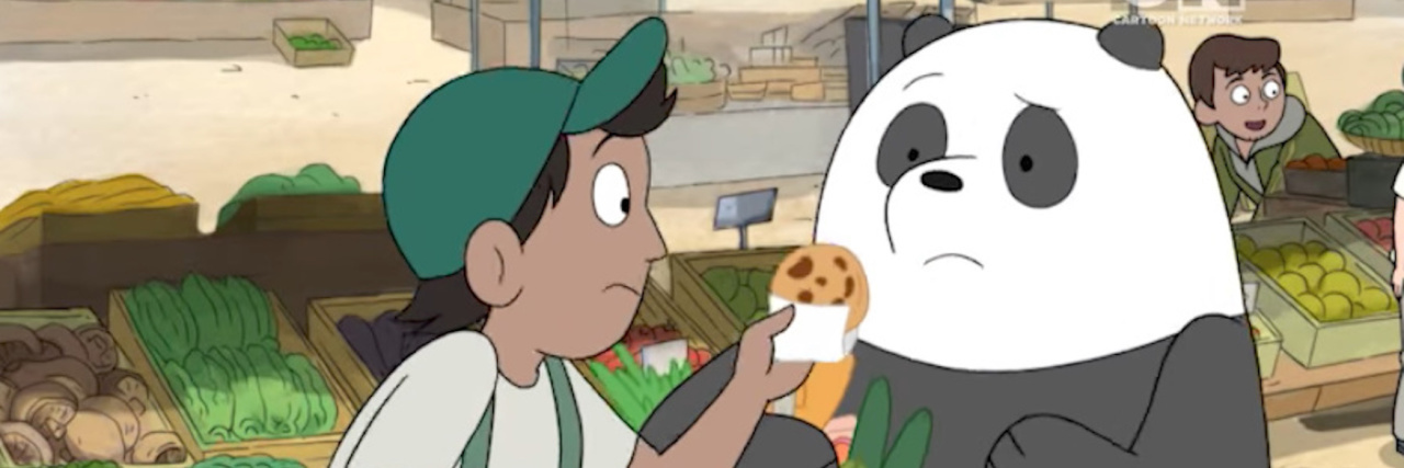 Someone offering Panda a cookie sample at a farmers market in an episode of We Bare Bears