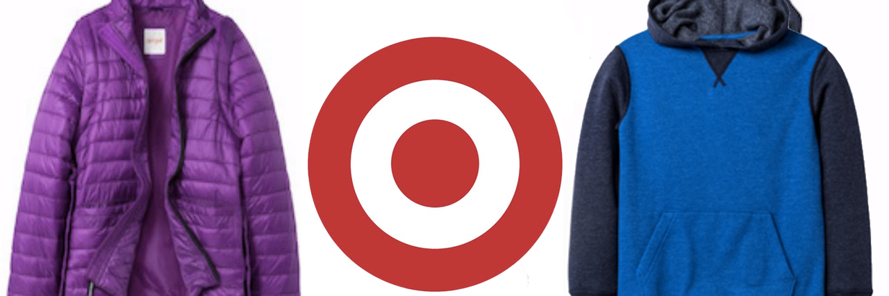 Photo of target logo and a purple jacket and blue sweatshirt