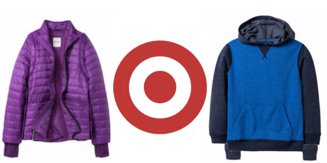 Photo of target logo and a purple jacket and blue sweatshirt