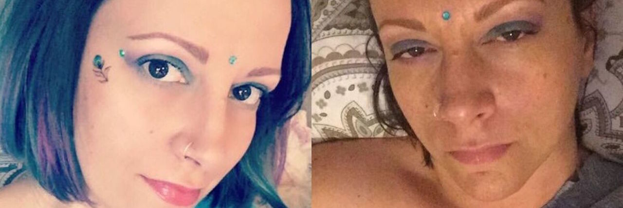 Smiling Through Chronic Pain to Spend Time With Your Family photo of woman dressed up and wearing makeup at the beginning of the day, and photo of the same woman at the end of the day lying in bed