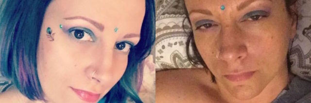 photo of woman dressed up and wearing makeup at the beginning of the day, and photo of the same woman at the end of the day lying in bed