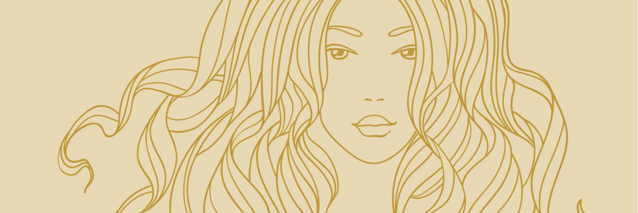 Vector portrait of a beautiful girl with long curly hair. Line art.