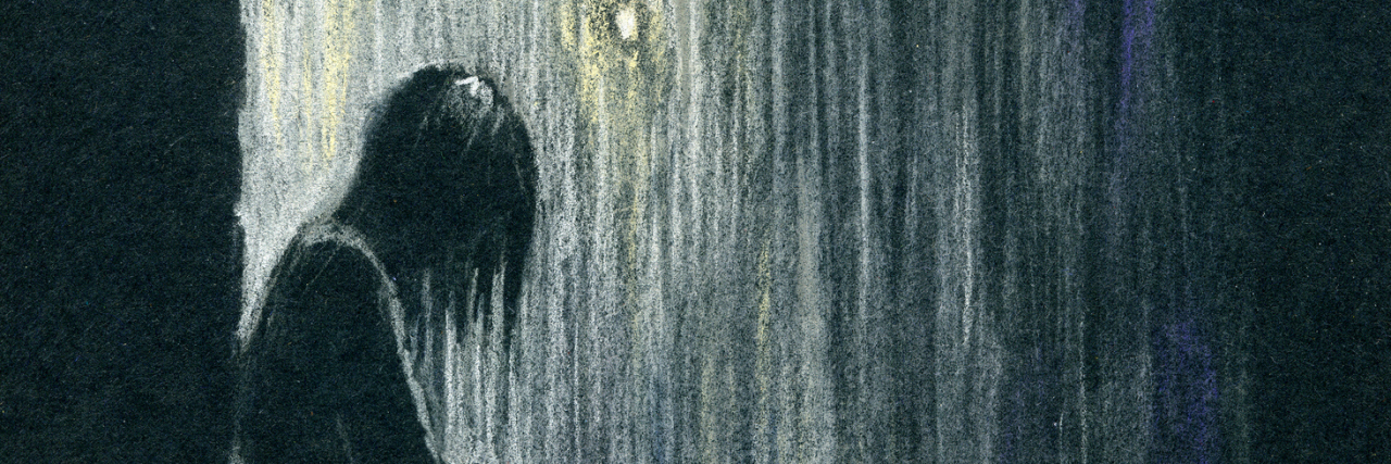 Commenting About My Weight Loss Due to a Depressive Episode Silhouette of a woman standing in the rain. Color pastels on black textured paper.