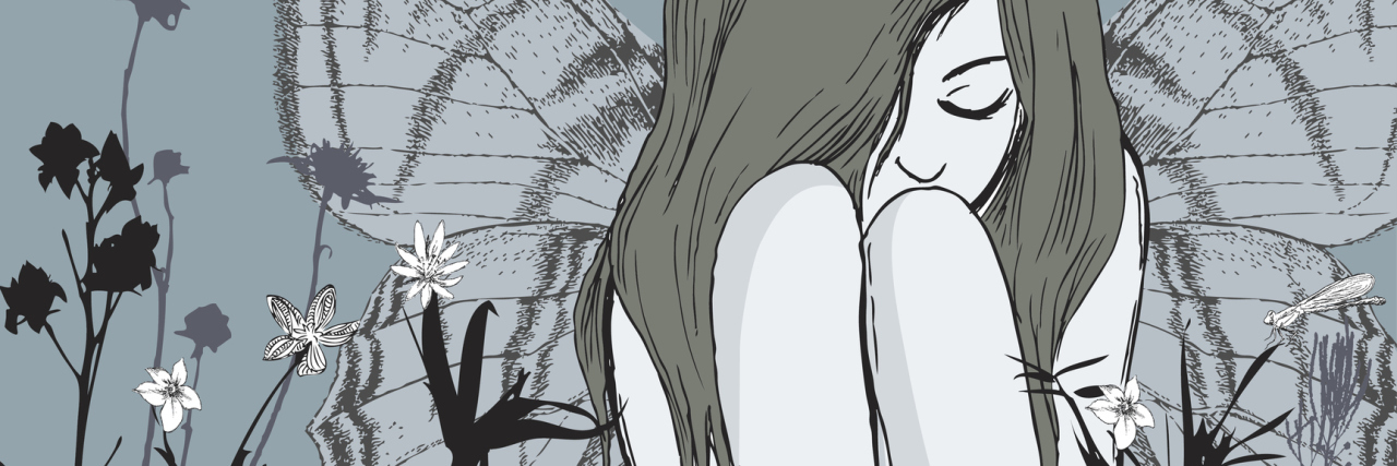 When Mental Illness Makes You Feel Like a Bad Friend Original illustration of young woman with wings sitting in solitude in an overgrown field