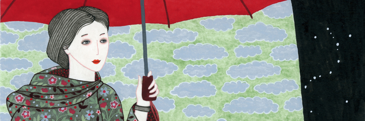 What to Know About Someone Going Through a Chronic Pain Flare-Up woman wearing a long floral dress holding a red umbrella