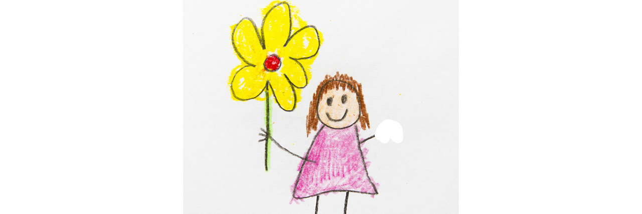 A kids drawing of a child holding a flower, with the other arm amputated.