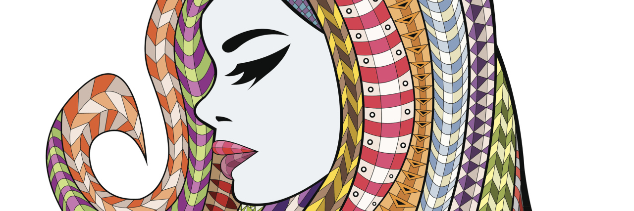 A digital drawing of a woman with colorfully designed hair.