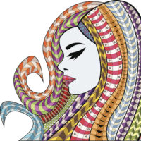 A digital drawing of a woman with colorfully designed hair.