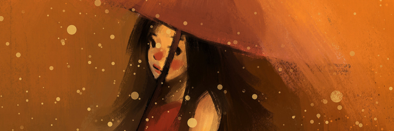 Girl in red dress with umbrella in the rain.