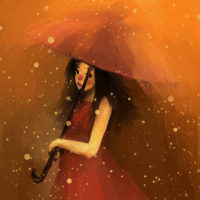 Girl in red dress with umbrella in the rain.