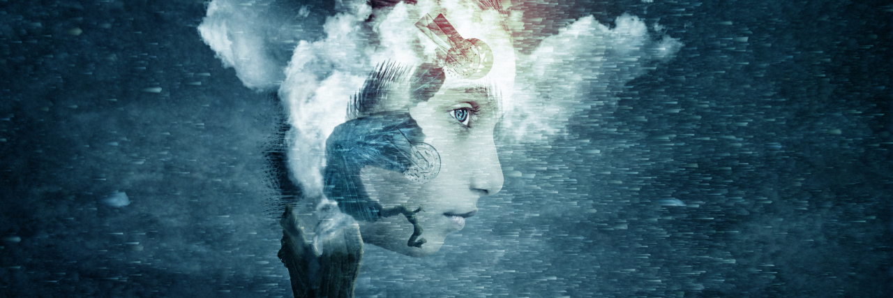 abstract illustration of a woman's face in a blue night sky
