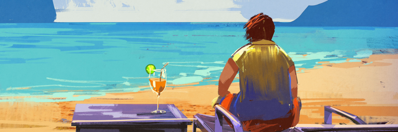 man sitting on deckchair at the beach,illustration,summer