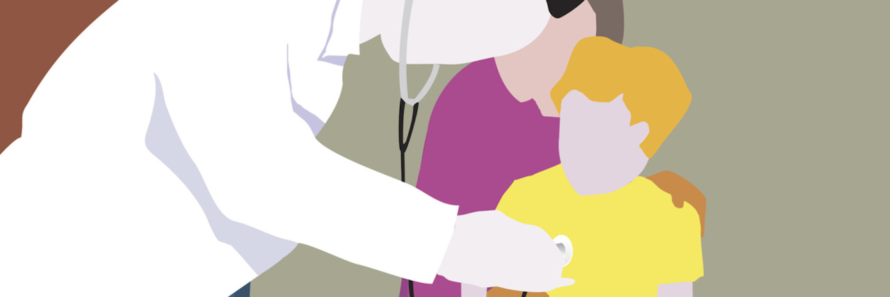 Trying to Find a Diagnosis for My Son and Why It Matters Illustration of doctor using stethoscope to listen to heart of young patient sitting on his mother's lap