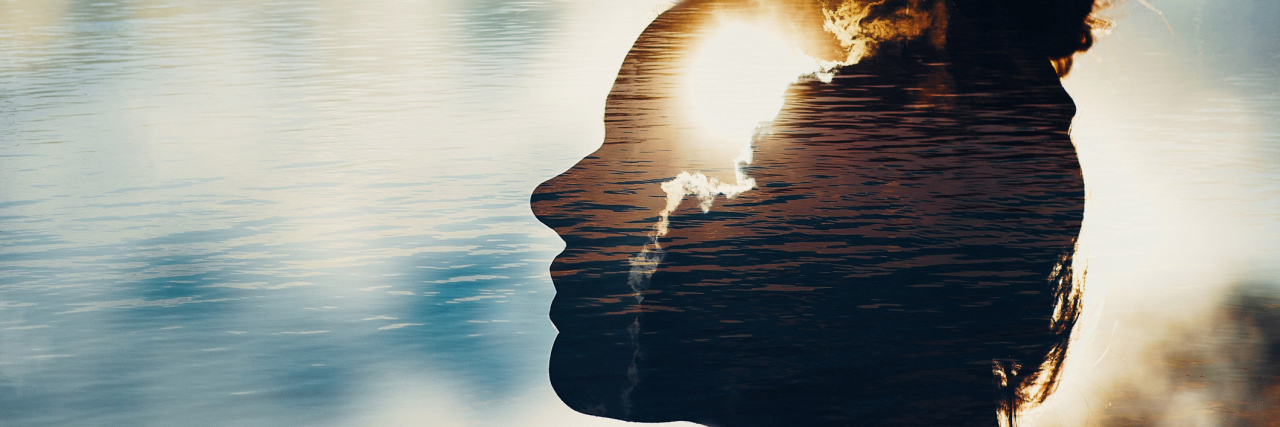 Coping With Pain and Fatigue After Sudden Onset of Chronic Illness double exposure of a woman's shadow and sun peeking out from behind clouds