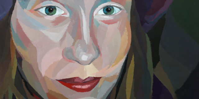 Bright portrait of a woman painted in gouache