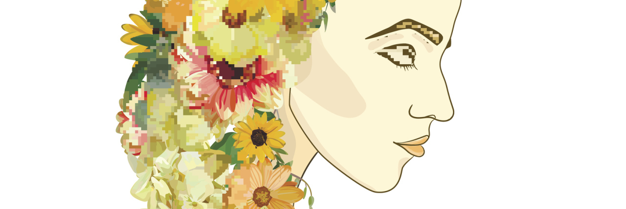 illustration of a woman whose hair is made of yellow and orange flowers