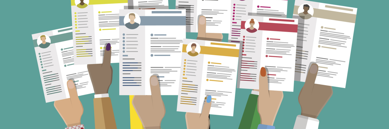 Dear Future Employer, This Is Why You Should Hire Someone With Anxiety Hands holding cv resume documents. Human resources management concept, searching professional staff, work. Found right resume. Vector illustration in flat style