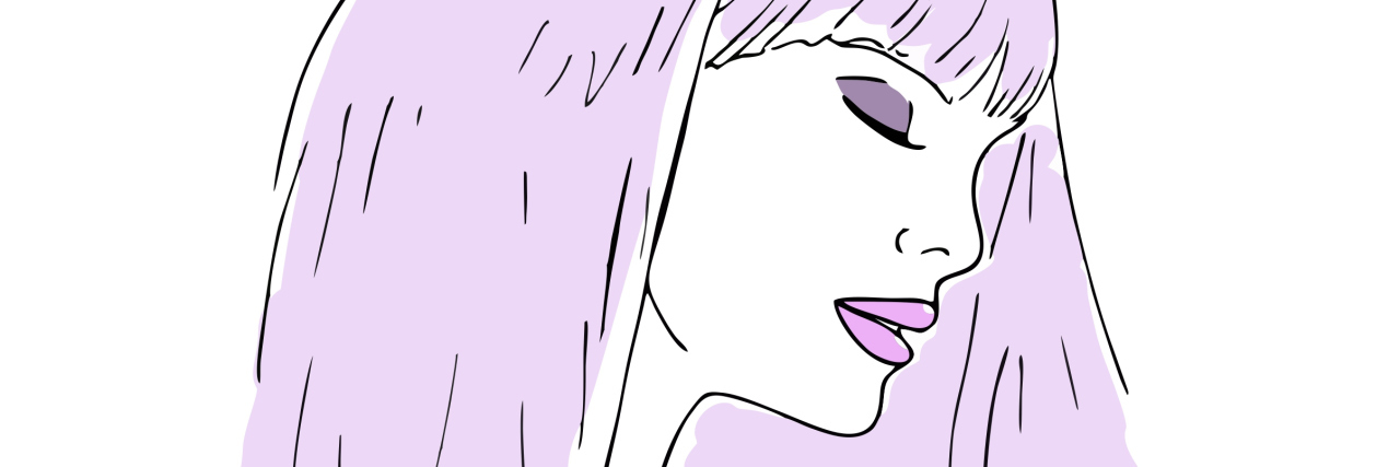 drawing of a woman with purple hair and pink lips, closed eyes