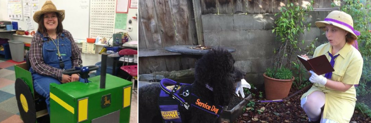 Comfortable Halloween Costumes for People With Chronic Illness photo of a woman in a farmer costume riding a tractor, and photo of a woman dressed as Jane from Tarzan with her service dog dressed as a gorilla