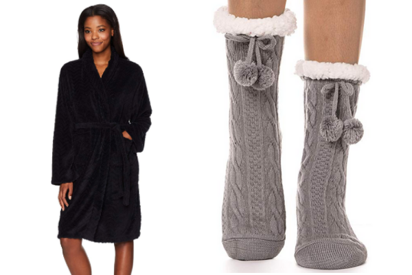 Image of a person wearing a robe and an image of someone wearing fuzzy slipper socks