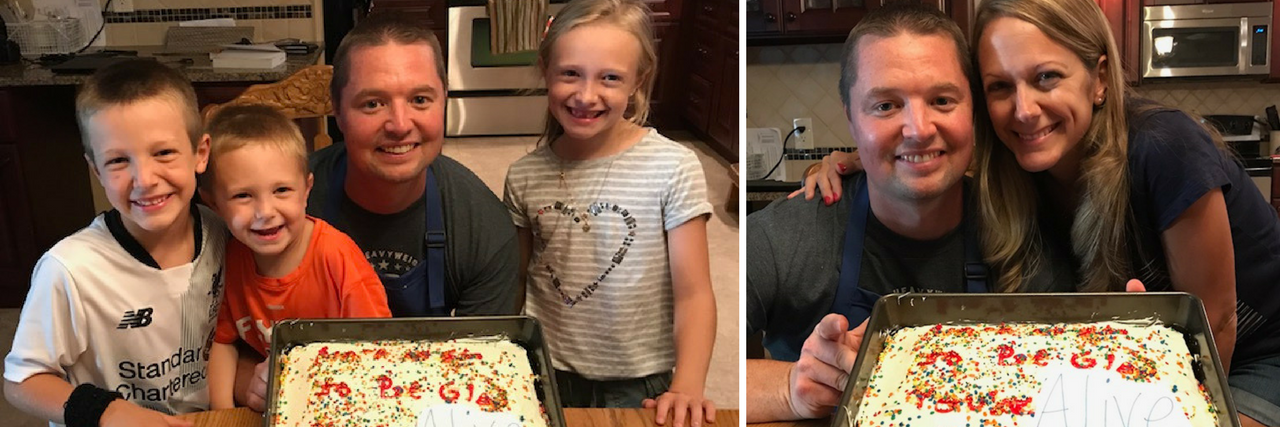 Celebrating the Anniversary of Discovering My Brain Damage on an MRI man with his kids and man with his wife holding a cake