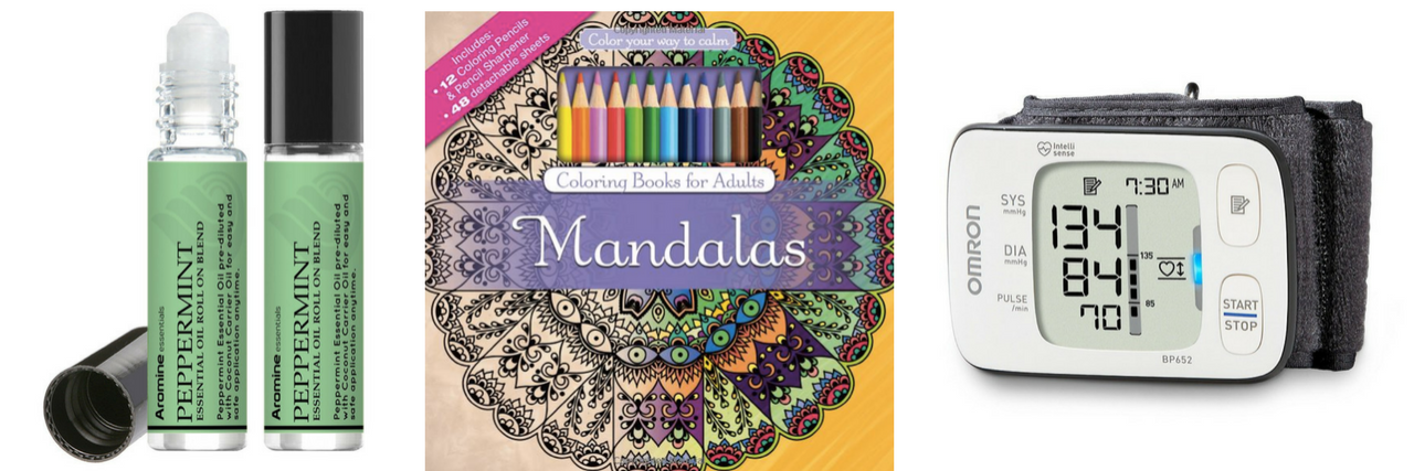 What to Keep in Your Chronic Illness 'Crisis Kit' for Emergencies roll on peppermint oil, mandalas coloring book and blood pressure monitor