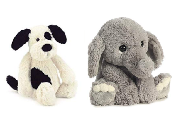 Images of a stuffed dog and a stuffed elephant