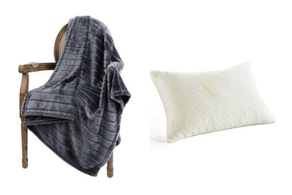 Images of a blanket draped over a chair and a memory foam pillow