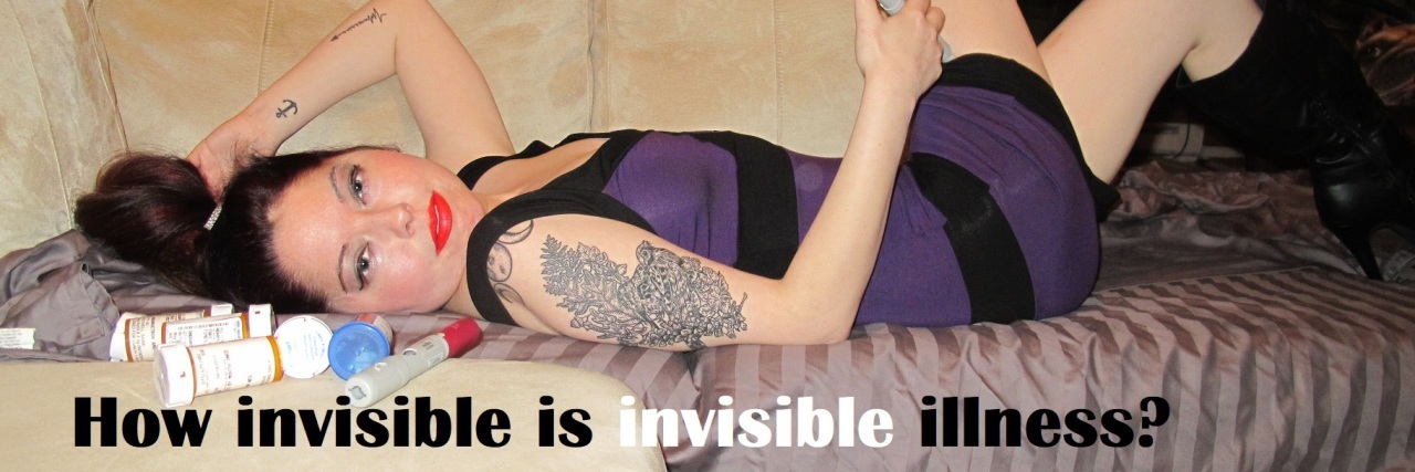 When Invisible Illnesses Aren't Really Invisible woman lying on her couch surrounding by pill bottle and giving herself an injection