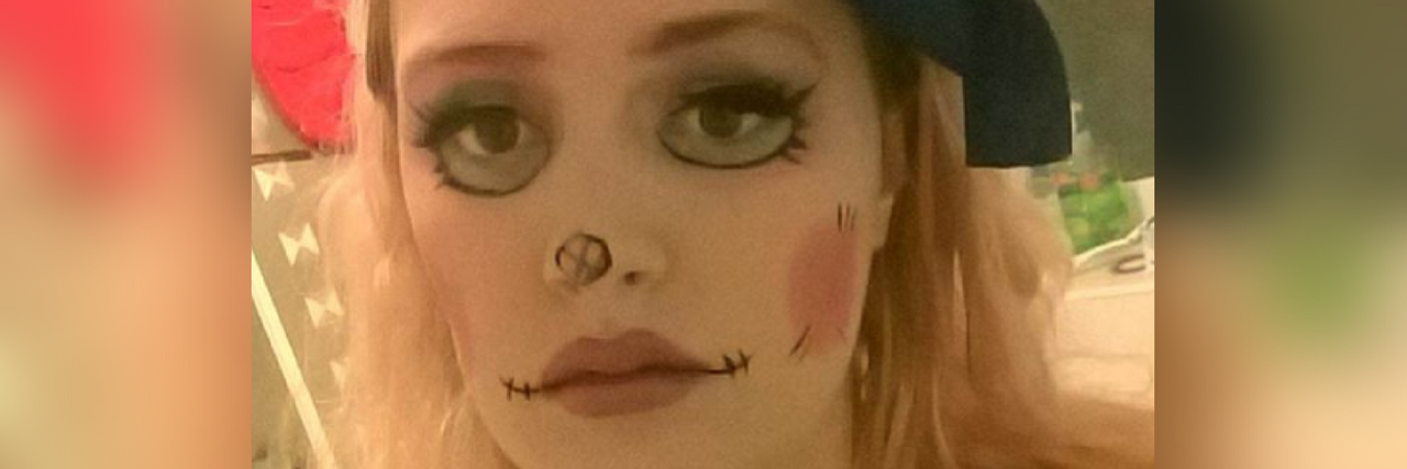 When Halloween Isn't Fun Because of Chronic Illness, Endometriosis woman dressed as raggedy ann for halloween