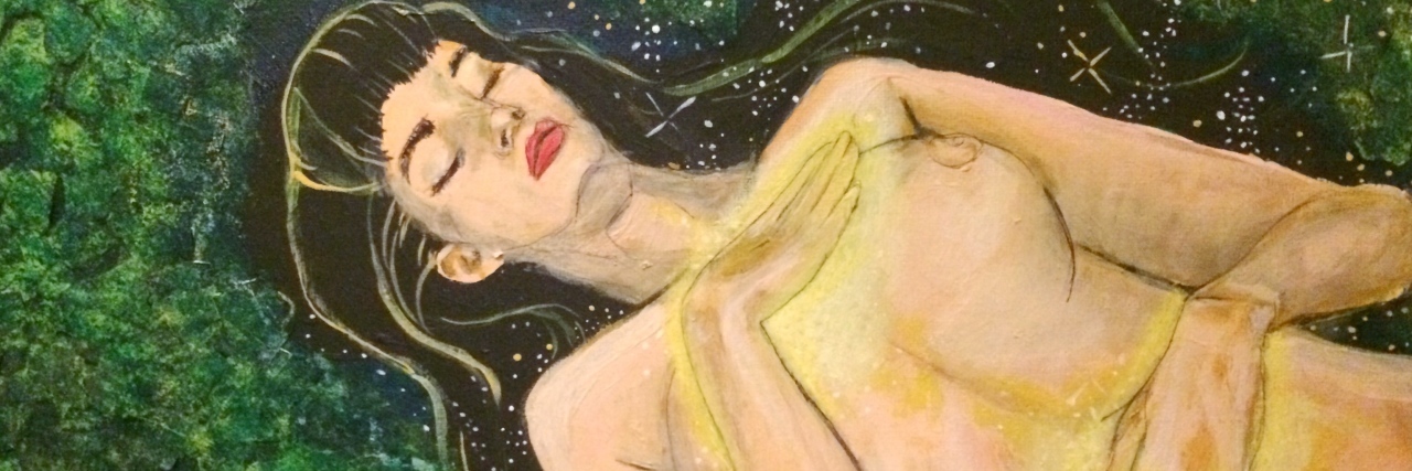 Treating Yourself With Kindness and Compassion in Life With ME/CFS painting of a woman lying down with her hands on her body