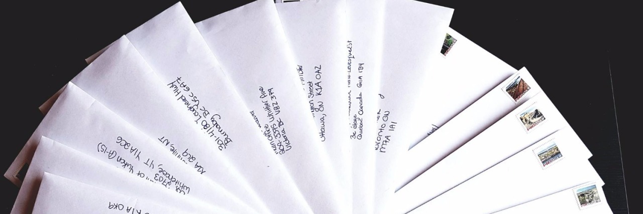 Writing to Canadian Government to End Arthritis Stigma Envelopes ready to be mailed.