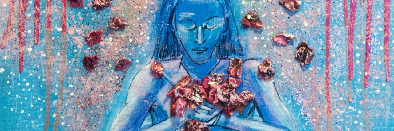 painting of a woman sitting cross-legged and holding flowers to her chest