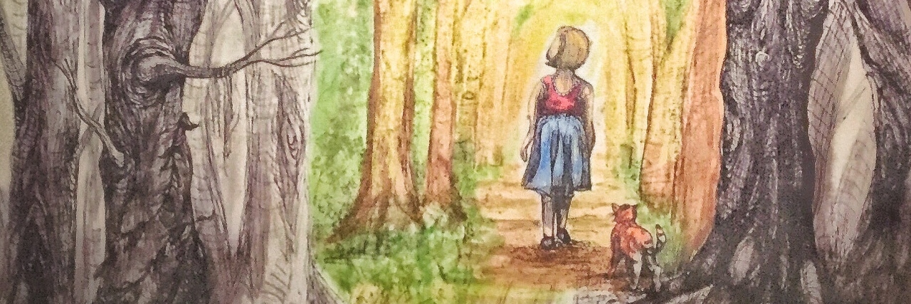 An illustration of a woman walking through a forest.